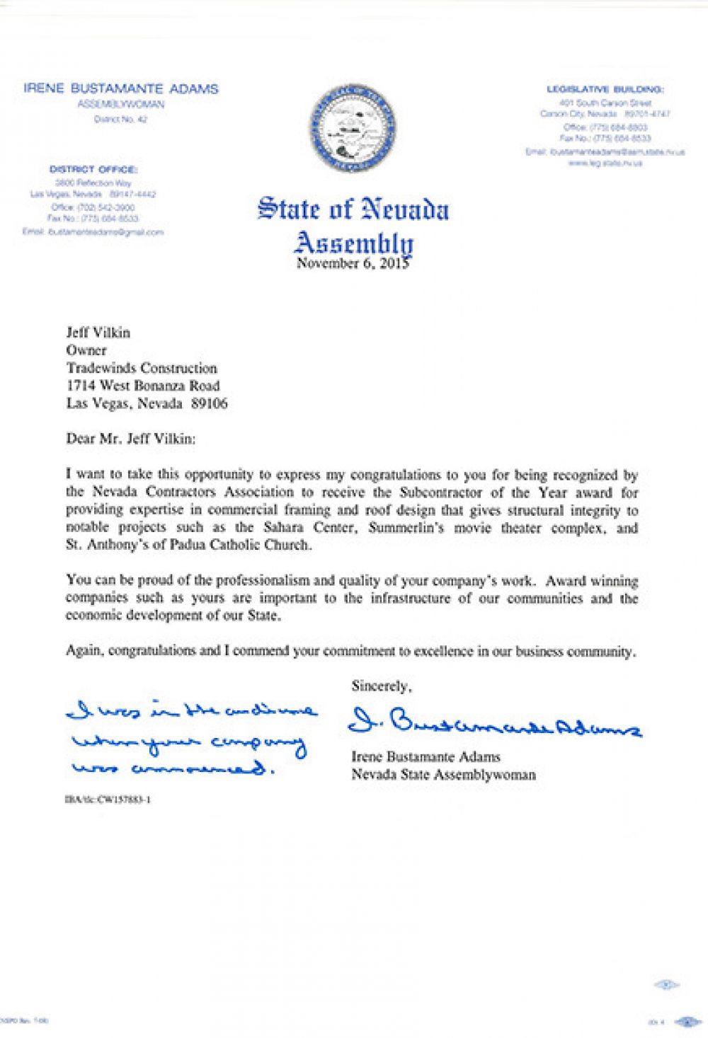 State of Nevada Assemblywoman Letter